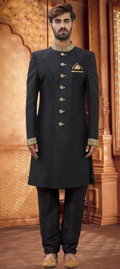 Black and Grey color Sherwani in Art Silk fabric with Embroidered work Traditional Black Bandhgala With Resham Embroidery, Black Embroidered Bandhgala With Traditional Drape, Embroidered Black Bandhgala With Traditional Drape, Traditional Black Bandhgala For Festivals, Traditional Black Embroidered Sherwani, Traditional Black Bandhgala With Zari Work, Traditional Black Designer Bandhgala, Traditional Black Ceremonial Bandhgala, Ceremonial Black Sherwani With Dabka Work