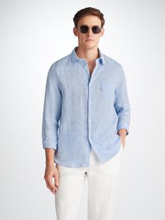 The Monaco shirt features a curved back yoke with a box-pleat for comfort and a curved hem with side vents for ease of movement. We've used the classic styling of a button-through front and cuffs, a 2-piece collar and for a modern addition, we've added a U-shaped breast pocket with a handy sunglass loop for effortless summer chic. For a final touch of luxe, the shirt is finished with mother of pearl buttons throughout and our minimalist rose logo label at the hem. There's also a handy 'locker' l Minimalist Rose, Rose Logo, Outfit Hombre, Derek Rose, Rose Shirts, Modern Addition, Curved Back, Summer Chic, Logo Label