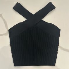 Black, Never Worn Black Crop Top For Winter, Black Ribbed Knit Top, Black Knit Crop Top For Winter, Chic Black Knit Top For Night Out, Casual Solid Knit Top For Night Out, Casual Solid Color Knit Top For Night Out, Chic Black Stretch Knit Top, Black Stretch Knit Top For Night Out, Casual Ribbed Knit Top For Night Out