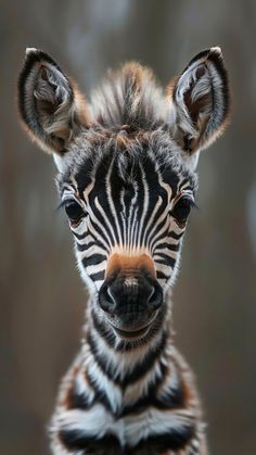 a baby zebra is looking at the camera