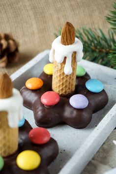 two ice cream cones with chocolate frosting and candy candies on top, sitting on a tray next to pine cones