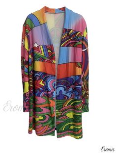 Eromis - Introducing a Stylish and Versatile Spring and Fall Cardigan - Womens Graphic Print Open Front Long Sleeve Cardigan Retro Multicolor Summer Outerwear, Multicolor Long Sleeve Summer Cardigan, Fitted Multicolor Open Front Cardigan, Fitted Multicolor Open Front Outerwear, Colorful Long Sleeve Outerwear For Summer, Colorful Long Sleeve Summer Outerwear, Multicolor One Size Open Front Outerwear, Multicolor Open Front Outerwear, One Size Multicolor Open Front Outerwear