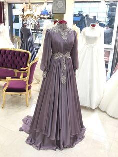 Modest Muslim Formal Occasion Dresses Long Sleeves Islamic Purple Chiffon Dress For Wedding, Purple Chiffon Wedding Dress, Elegant Purple Chiffon Gown, Purple Chiffon Evening Dress, Purple Georgette Formal Dress, Purple Georgette Dress For Formal Occasions, Chiffon Long Sleeve Evening Gown, Georgette Wedding Dress With Sweep Train, Wedding Dress With Sweep Train In Georgette