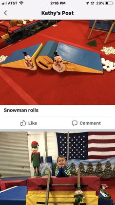 two pictures of children playing on an inflatable trampoline and snowman rolls