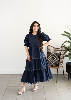 Navy Scalloped Edge Dress – Le Blush Bow Clothing Closet, Stylish Kurtis Design, Ruffle Tiered Dress, Teacher Wardrobe, Simple Frocks, Casual Frocks, Modest Outfit, Simple Kurta Designs, Designer Kurti Patterns