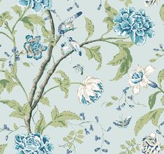 Robins gossip along the branches of voluptuous flowers as butterflies visit the more delicate blooms in pattern Teahouse Floral featuring blue, green and white on light blue. York Wallcoverings 60.8-sq ft Light Blue Non-woven Animals Unpasted Wallpaper | BL1784 York Wallpaper, Navy Wallpaper, Drops Patterns, W Wallpaper, Leaf Wallpaper, Accent Wallpaper, Burke Decor, Tea House, Robins