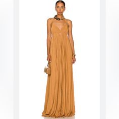 Alc Arianna Bronze Pleated Maxi Dress . A Showstopper Orange V-neck Maxi Dress For Cocktail, Elegant Orange Pleated Maxi Dress, Elegant Apricot Maxi Dress For Party, Elegant Orange Cocktail Maxi Dress, Elegant Sleeveless Apricot Maxi Dress, Orange Floor-length Cocktail Dress, Chic Orange Maxi Dress For Cocktail, Chic Apricot Dress For Evening, Chic Apricot Evening Dress