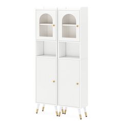 a tall white cabinet with two doors and three shelves on one side, in front of a white background