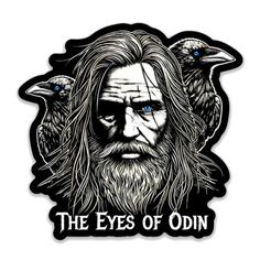 the eyes of odinn sticker with an image of two crows on it