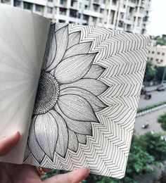 a person holding up a book with a sunflower drawn on the front and back cover