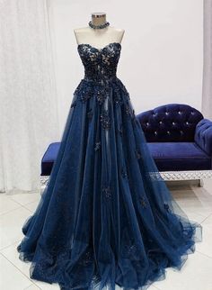 Navy Blue Tulle With Lace Sweetheart Long Formal Dress Outfits For Girls Formal Dress Blue, Dress Blue Long, Blue Long Prom Dress, Renew Vows, Vows Wedding, Dream Prom Dress, Navy Blue Prom Dresses, Royal Ball, Long Formal Dress