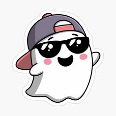 an apple wearing sunglasses and a hat with the face of a ghost sticker on it