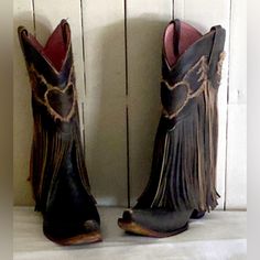 Designed In Round Top, Tx & Handcrafted In Mexico! Distressed Dark Brown Leather With Long Fringe And Winged Heart Design Classic Snip Toe 2 1/4" Low-Mid Heel 13" Shaft Height 15" Shaft Circumference Winged Heart, Diy Clothes Refashion, Long Fringe, Fringe Boots, Size 11 Heels, Round Top, Dark Brown Leather, Mid Heel, Shoes Heels Boots