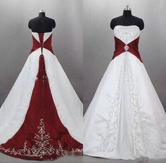 two wedding dresses on mannequins, one in red and the other in white