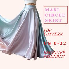 a woman in a white crop top and blue skirt with the text, max circle skirt pattern us 0 - 22