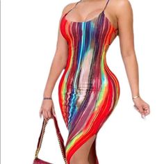 Brand New Dress Multi Colored Maxi Dress Red Fitted Bodycon Beach Dress, Red Fitted Bodycon Dress For Beach, Spring Striped Bodycon Dress For Party, Spring Striped Bodycon Party Dress, Striped Bodycon Dress For Spring Party, Chic Red Maxi Dress For Club, Striped Bodycon Dress For Summer Nights, Trendy Striped Party Dresses, Trendy Striped Dresses For Party