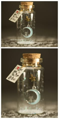 two images show the inside of a glass jar filled with water and stars in it