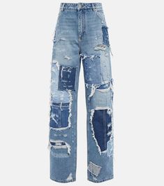 Patchwork wide-leg jeans in blue - Dolce Gabbana | Mytheresa Jeans Dama, Saint Laurent Jeans, Designer Jeans For Women, Diy Jeans, Denim Projects, Embellished Denim, Patchwork Jeans, Embellished Jeans, Upcycled Denim