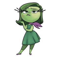 a cartoon girl with green hair wearing a purple dress and holding her hand to her face