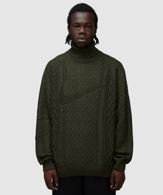 Nike Life cable knit turtleneck jumper | CARGO KHAKI Casual Cable Knit Turtleneck With Funnel Neck, Cable Knit Turtleneck Tops, Turtleneck Sweater For Streetwear, Knit Turtleneck Polo Sweater, Nike Winter Sweater, Turtleneck Cable Knit Polo Sweater, Streetwear Turtleneck Sweater With Ribbed Collar, Cable Knit Turtleneck Polo Sweater, Streetwear Cable Knit Sweater