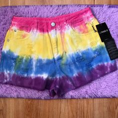 Brand New With Tags On Original Packaging. Rainbow Tie Dye Shorts Size 26. For Pic Reference, I Usually Wear Size 24 And These Are Big On Me. Tags: Tiedye, Tie-Dye, Psychedelic, Trippy Groovy, Waist Bag, Festival, Coachella, Ravewear, Rave, Tiedye, Tie Dye, Dollskill, J Valentine, Little Black Diamond, Handbag, Bag, Lsd, Acid, Backpack, Hologram_babe Trendy Colorful Bottoms For Spring, Trendy Colorful Spring Bottoms, Colorful Spring Bottoms For Summer, Trendy Rainbow Bottoms For Spring, Trendy Colorful Vacation Bottoms, Trendy Colorful Summer Bottoms, Trendy Yellow Shorts For Spring, Multicolor Jean Shorts For Spring And Summer, Trendy High Waist Yellow Jean Shorts