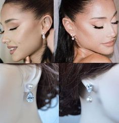 "These gorgeous, Ariana Grande inspired wedding earrings are available in 3 styles. Style A is the mismatched pair that Ariana wore. Style C is the classic pear cut clear CZ drop earrings with pear cut CZs dangling from Swarovski round pearl posts. Or Style B features classic pear cut CZ posts with Swarovski round pearls. The large pear cut drop stones measure 10x14mm in prong basket settings and the posts are made with 8mm Swarovski pearls in your choice of colour. The other option is 8x12mm clear CZ posts with 8mm round Swarovski pearls in your choice of colour. The earrings are available in rhodium (silvertone), yellow or rose gold plating. I was inspired by earrings that Ariana Grande wore to her wedding to Dalton Gomez on May 21, 2021. Really beautiful quality and amazing sparkle perf Ariana Grande Hair, Diamond Earrings Wedding, Earrings Classic, Pearl Jewelry Wedding, Pearl And Diamond Earrings, Wedding Jewelry Earrings, Earrings Wedding, Pearl Wedding, Bridal Pearls