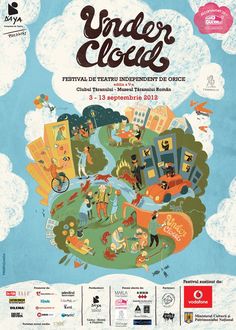 the poster for under clouds festival with people in various locations and onlookers