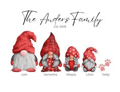 three gnomes with red hats and tails sitting next to each other on a white background