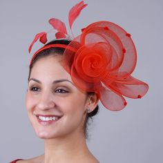 Crinoline Flower Bow Feather Headband Fascinator Red Color on screen may vary from actual merchandise due to monitor restrictions or dye lots Red Feathered Fascinator, Fitted Red Feathered Fascinator, Fitted Red Fascinator With Feathers, Red Feathered Fascinator For Kentucky Derby, Elegant Red Hair Accessories With Handmade Flowers, Red Feathered Fascinator For Formal Occasions, Red Feathered Evening Headpieces, Red Headband For Evening, Elegant Red Headpieces With Matching Headband