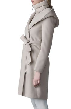 This double-face wool coat is made with a removable stand-collar bib warmed with plush down. Polished hardware and a leather belt and accents provide elegant edge to this luxe outerwear. 39" length (size Medium) Asymmetric zip closure Draped collar with hood Removable tie belt Front pockets Removable stand-collar bib lined with 90% duck down, 10% duck feathers Lined Coat: 100% wool; bib: 82% recycled nylon, 18% elastane Dry clean Made in China Elegant Outerwear With Detachable Hood For Work, Elegant Hooded Wool Outerwear, Elegant Hooded Outerwear In Solid Color, Elegant Hooded Solid Outerwear, Elegant Solid Hooded Outerwear, Elegant Solid Color Hooded Outerwear, Elegant Fitted Outerwear With Detachable Hood, Elegant Hooded Pea Coat For Work, Draped Collar