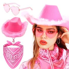 PRICES MAY VARY. Package Includes: 1 pcs pink western cowgirl hats, 1 pcs pink sunglasses, 1 pcs pink bandana. Our cowgirl hats women has an inside size of 8x7 inches, and it has an adjustable cord to fit different head shapes. Our cowgirl hat paired with veil will make your cowgirl even more gorgeous! the cowboy hats for women is made of high quality felt material, the thick feathers wrapped around the hat are carefully selected by us. This cowboy hat can be used as bachelorette party, country Pink Novelty Winter Hats, Fun Pink Brimmed Costume Hats And Headpieces, Pink Wide Brim Costume Hat For Festival, Trendy Pink Brimmed Mini Hats, Western Pink Costume Hats And Headpieces For Rodeo, Western Pink Costume Hats And Headpieces For Festival, Pink Fun Costume Hats And Headpieces For Party, Pink Adjustable Mini Hat For Costume Party, Pink Fun Costume Hats For Party