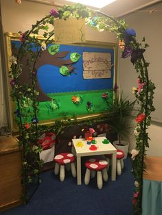 a table and chairs in front of a bulletin board with plants growing on the wall