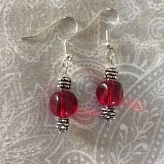 Earrings, pierced Red Glass Bead Metal spacers picture shows size Handmade by me Red Czech Glass Beaded Earrings With Dangling Beads, Red Czech Glass Earrings With Dangling Beads, Red Beaded Czech Glass Earrings, Adjustable Red Czech Glass Beaded Earrings, Red Adjustable Beaded Earrings For Pierced Ears, Red Czech Glass Jewelry With Spacer Beads, Handmade Red Czech Glass Beaded Earrings, Elegant Red Czech Glass Beaded Earrings, Czech Glass Beaded Earrings With Spacer Beads For Gift