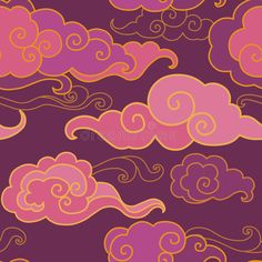 seamless clouds in the sky with swirls and spirals on purple, yellow and pink