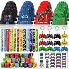 several different types of backpacks and keychains with various designs on them, including two