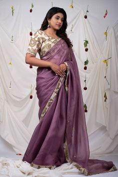 Grape saree with ivory border and floral kalamkari hand painted pattern, elevated with resham, cutdana beads. Comes along with an unstitched blouse piece. - Aza Fashions Silk Pre-draped Saree With Dori Work For Puja, Art Silk Blouse With Embroidered Border For Wedding, Tussar Silk Blouse Piece With Dori Work For Eid, Transitional Tussar Silk Saree With Embroidered Border, Wedding Blouse With Embroidered Border For Diwali, Transitional Blouse With Embroidered Border And Traditional Drape, Wedding Diwali Embroidered Blouse, Anarkali Blouse With Embroidered Border And Traditional Drape, Tussar Silk Blouse With Dori Work For Diwali