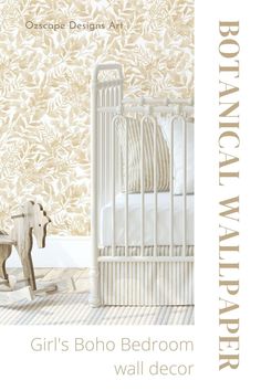 a baby crib with a rocking horse next to it and wall paper behind it