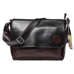 Black-and-Brown-Messenger-Bag-Front Retro Business Crossbody Shoulder Bag, Business Leather Flap Bag With Large Capacity, Black Soft Leather Satchel For School, Classic Brown Saddle Bag With Large Capacity, Classic Large Capacity Brown Saddle Bag, Black Flap Bag With Large Capacity For Travel, Business Satchel Flap Bag With Large Capacity, Large Capacity Leather Flap Satchel, Large Capacity Leather Satchel With Flap