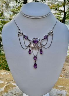 Amythest Necklace Jewelry, Luxury Amethyst Jewel Necklace, Luxury Amethyst Jewel Necklaces, Luxury Amethyst Necklace With Jewels, Art Nouveau Gemstone Necklace For Formal Occasions, Art Nouveau Gemstone Necklaces For Formal Occasions, Purple Jeweled Wedding Necklace, Victorian Hallmarked Purple Necklace, Antique Purple Necklace For Wedding