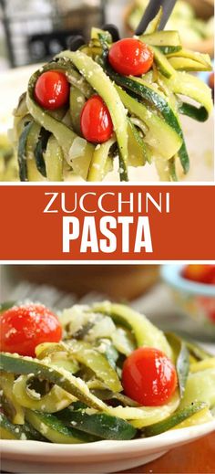 Collage of zucchini pasta at top and bottom. Zucchini Pasta Recipes, Traditional Pasta, Easy Zucchini, Zucchini Pasta, Healthy Dishes, Savory Snacks, Parmesan Cheese, Roasted Vegetables