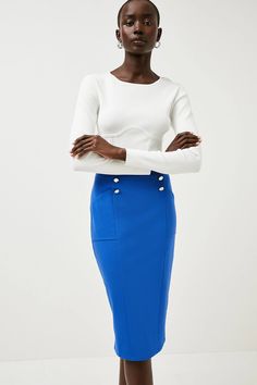 Button Pocket Ponte Midi Skirt | Karen Millen Skirt Collection, Pencil Silhouette, Button Outfit, Great Lengths, Work Clothes, Skirt Design, Karen Millen, Fashion Face, Work Outfit