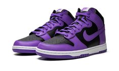 The Nike Dunk High “Psychic Purple” is another head-turning colorway of the retro basketball shoe.  The two-tone “Psychic Purple” features an attention grabbing appearance with its black leather base and Psychic Purple-colored leather overlays and Swoosh branding.  The eye-pleasing hue of purple is also found on the “Nike” and Swoosh branding on the tongue tag, as well as on the laces and inner lining.  A white rubber midsole and purple outsole complete the look.  Release date: January 18, 2023 Purple Shoes Men, Drippy Shoes, Purple Tennis Shoes, Nike Noir, Sneakers Box, Kobe Shoes, Black Basketball Shoes, Retro Basketball Shoes, Nike High Tops