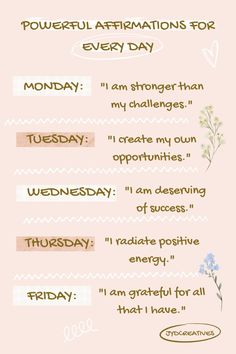 a pink poster with the words, powerful affirmations for every day