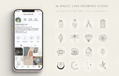 an iphone with icons on it and the text, 16 magic line drawing icons instagram highlight story templates