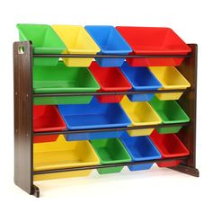 multicolored bins are stacked on top of each other in a wooden rack