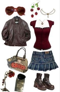 Skirts And Leather Jackets, Style A Leather Jacket Outfit Ideas, Summer Dress With Leather Jacket, Red Miniskirt Outfits, Leather Jacket Outfit Coquette, Cute Outfit Ideas Y2k, Coquette Leather Jacket, Lanacore Outfits, Grunge Valentines Day Outfit