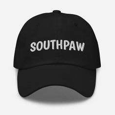 a black hat with the word southpaw written on it in white embroiderys