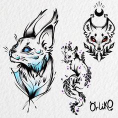 an image of some animals that are in the shape of tattoo designs on white paper