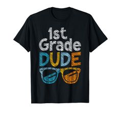 a black tshirt with the words 1st grade dude in multicolored letters