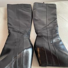 Butter Soft Leather Wedge Boots W/Side Zipper By Via Spiga. Says Size 41.5 It. Fits My Size 9.5 Foot. Worn A Few Times Indoors. Great Condition. Leather Wedge Boots Medium Width, Fitted Black Leather Wedge Boots, Casual Leather Wedge Boots, Casual Leather Fitted Wedge Boots, Formal Wedge Boots Medium Width, Formal Medium Width Wedge Boots, Black High Heel Wedge Boots For Office, Black Wedge Heel Boots For Work, Elegant Leather Wedge Boots For Work